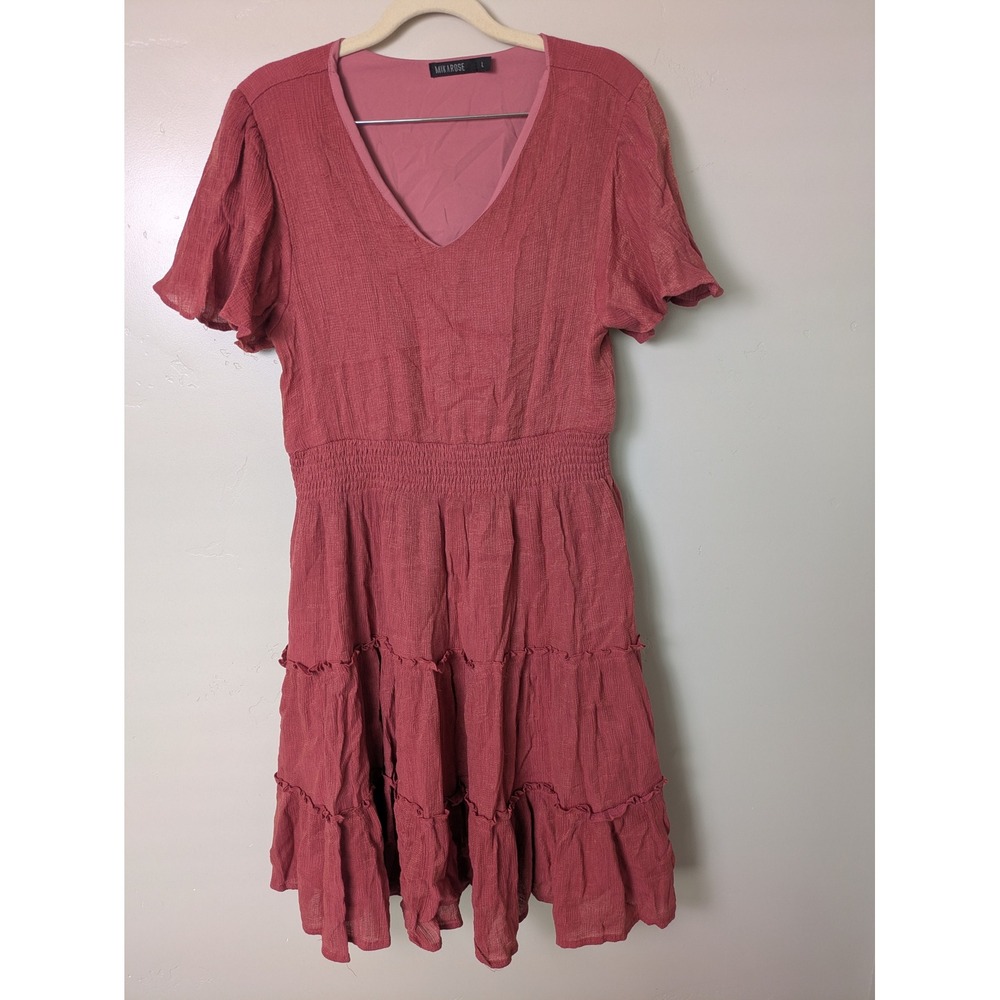 MIKA ROSE Mauve Pink Smocked Tiered‎ Midi Modest Dress Size L